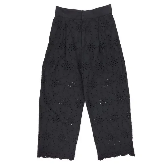 ZARA Wide Leg Sheer Eyelet Lace Crop Pants Soft Girl Boho Minimal Resort Black - Picture 1 of 7